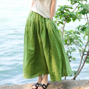 西辰出品【篙克重萣染亚麻】舒适透气松紧腰时尚遮肉显瘦半身裙女