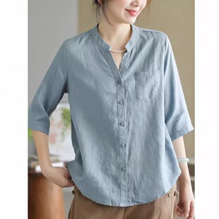 文艺全亚麻简约V领纯色衬衫女夏季新款宽松显瘦单排扣休闲上衣薄