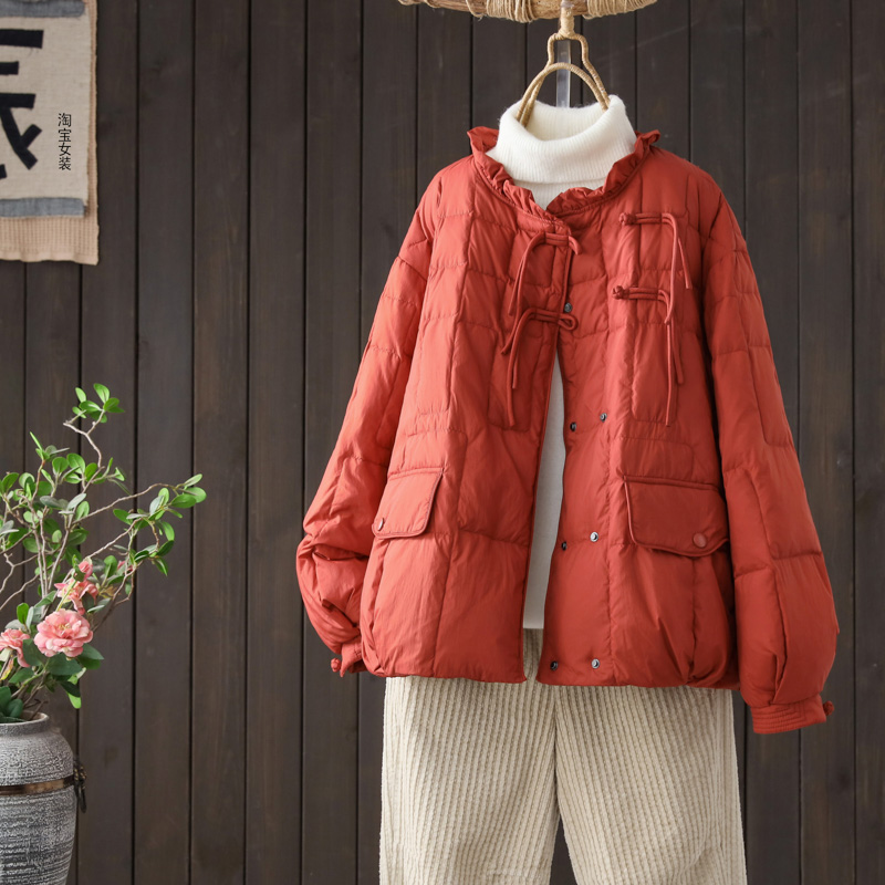 木耳边领子白鸭绒羽绒服女短款冬季新款韩版复古盘扣90绒保暖外套