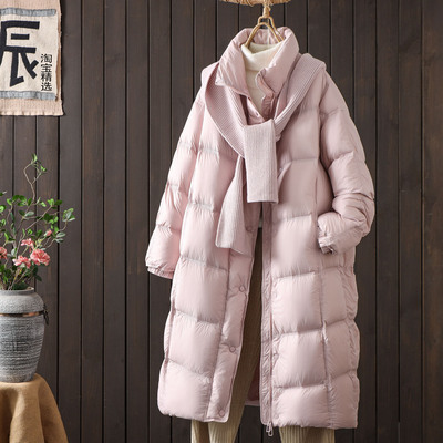 时尚过膝中长款羽绒服女针织连帽