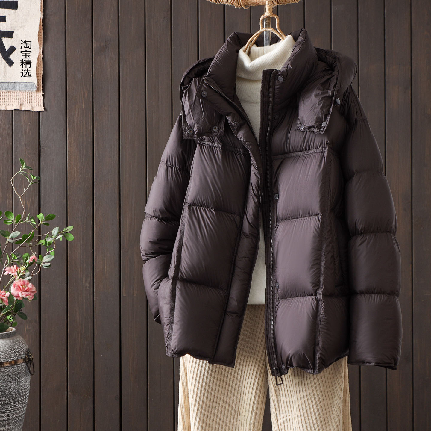 连帽加厚90白鸭绒羽绒服女中长款