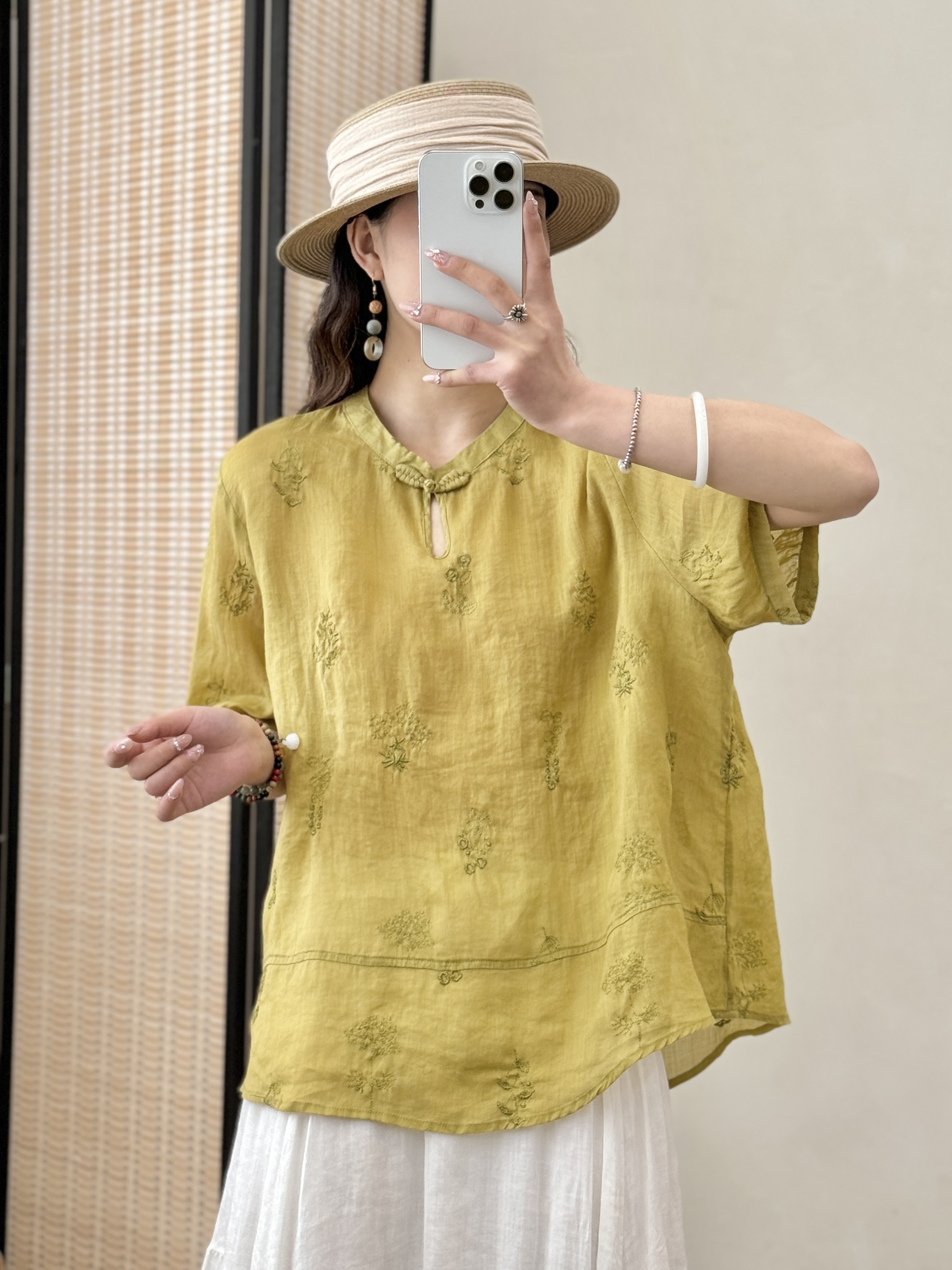 新中式文艺苎麻印花上衣女2024