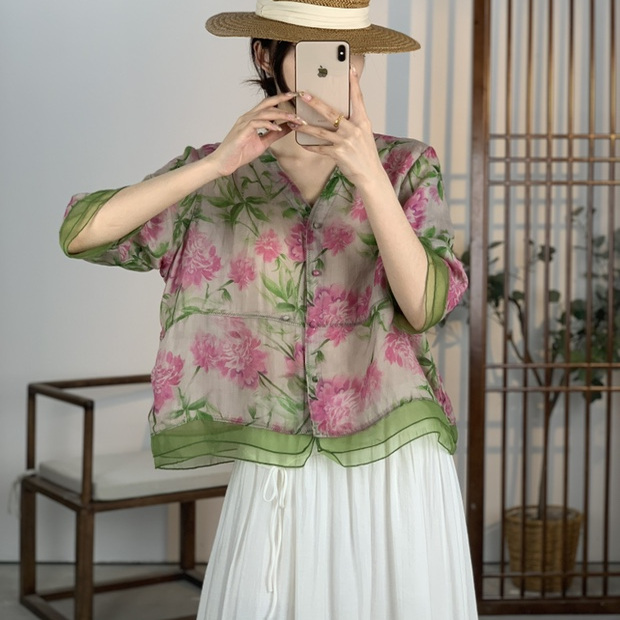 文艺印花苎麻衬衫女夏季薄款百搭