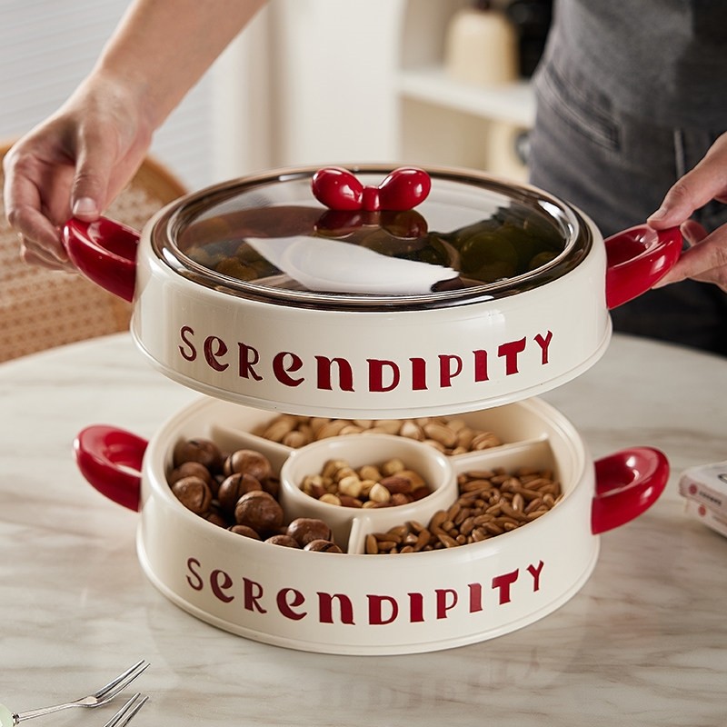 创意蝴蝶结坚果盘干果盘分格家用客厅分格带盖糖果盒ins风零食盘