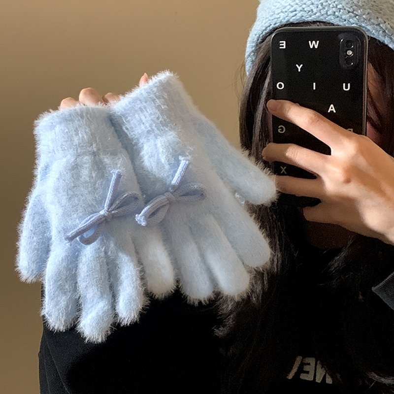 蝴蝶结蓝色针织毛线女士手套保暖加绒加厚女冬季户外骑行保暖防寒