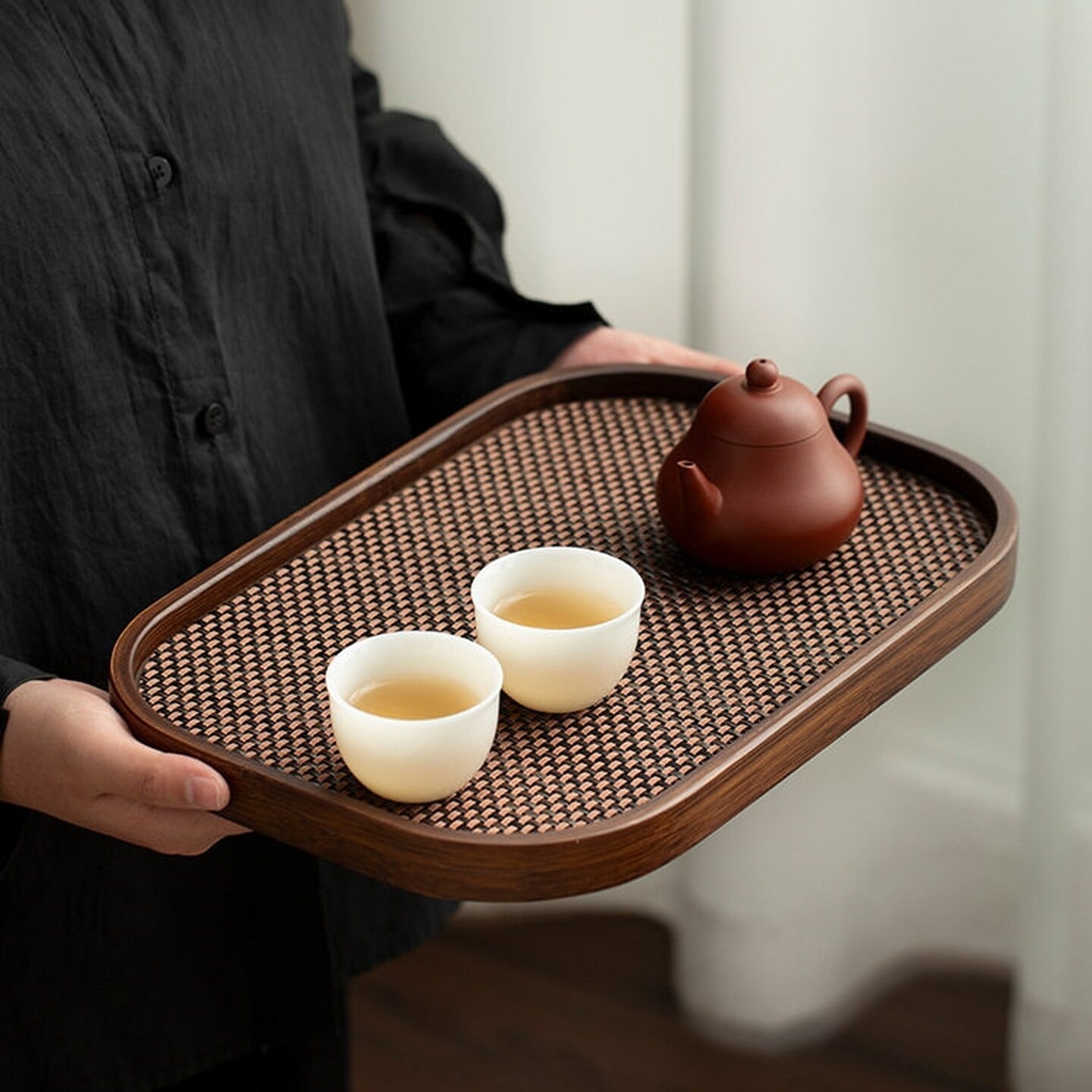 托盘家用放茶杯中式托盘茶盘复古编织垫长方形竹制放茶杯家用商用