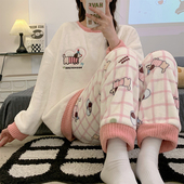 法兰绒加厚卡通狗可外穿初中生套装 珊瑚绒睡衣女秋冬季 大码 家居服
