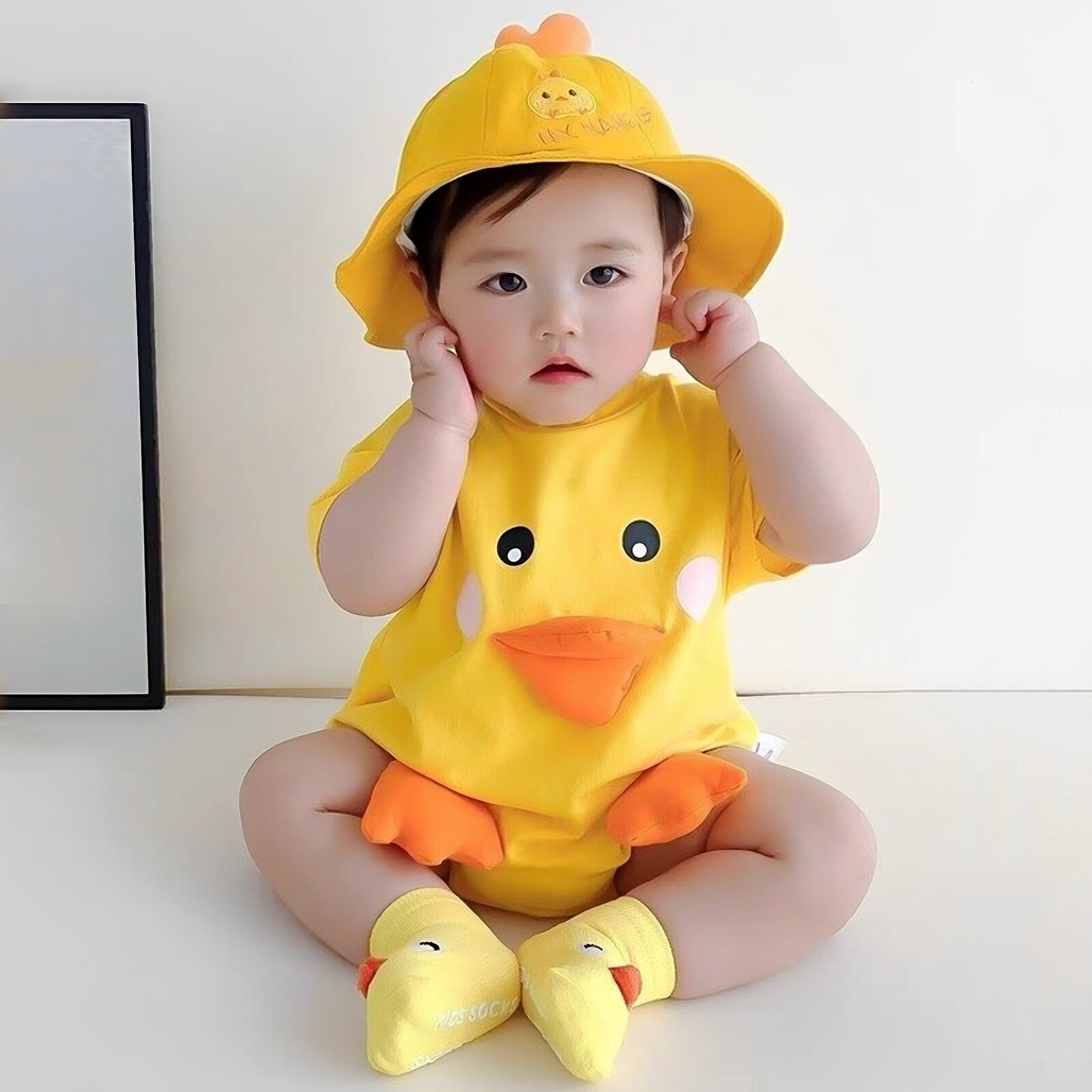 可爱小黄鸭立体包屁衣三件套