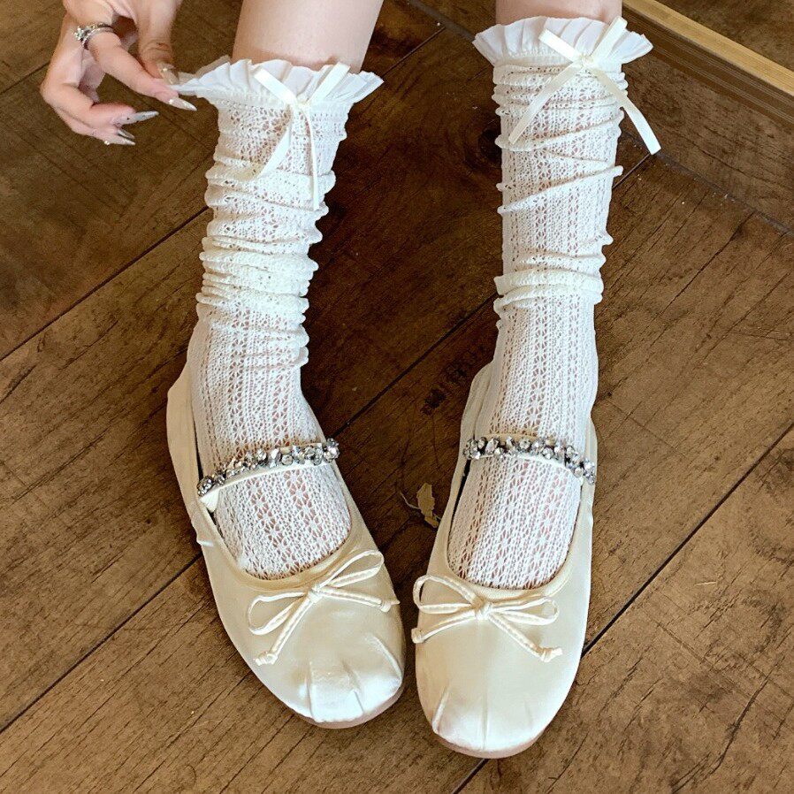 夏季白色蕾丝袜子女洛丽塔丝带蝴蝶结jk花边短袜小腿袜配玛丽珍鞋