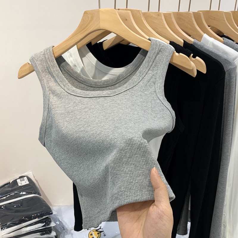 遮副乳夏季背心女短袖螺纹打底衫外穿瑜伽内搭短款小吊带工字上衣