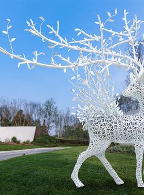 不锈钢大角梅花鹿摆件草坪别墅会所大堂售楼处足浴店抽象麋鹿雕塑