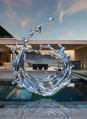 不锈钢水花抽象雕塑定制酒店大堂水景装饰镜面浪花太湖石客厅摆件