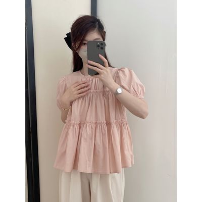 夏季新款小众设计感褶皱圆领短袖衬衫女别致宽松小个子娃娃衫