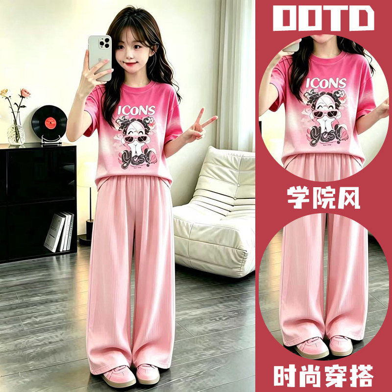 女童休闲运动套装少女夏装新款中大童宽松冰丝短袖阔腿长裤两件套