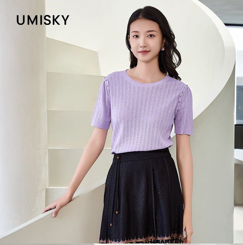 umisky优美世界专柜同款夏季简约大气圆领镂空针织衫上衣SM1W3217图片