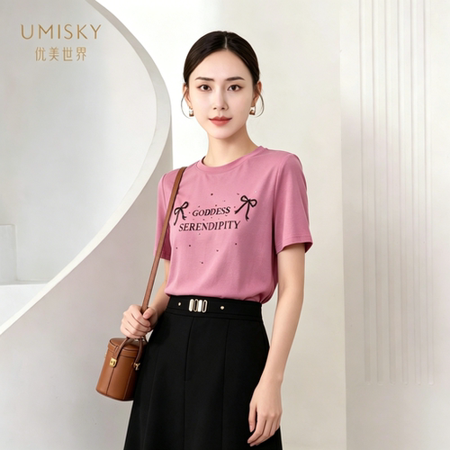 umisky优美世界专柜同款夏季时尚百搭针织衫字母T恤上衣SM2J2838