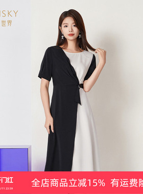 umisky优美世界商场同款夏季圆领拼色不规则a字连衣裙SK2D1020