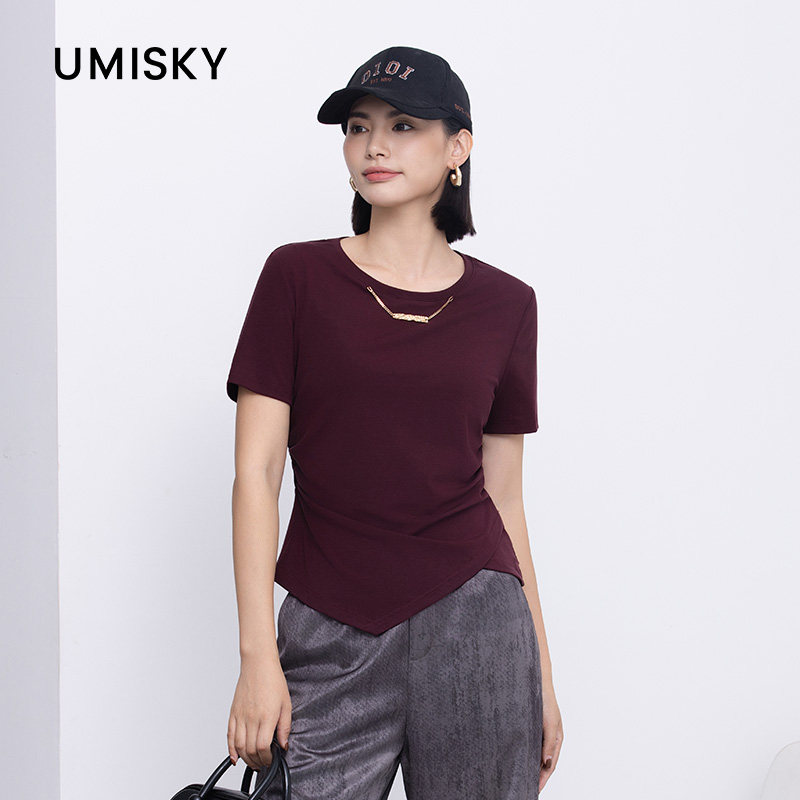 UMISKY优美世界专柜同款夏季圆领链条装饰不规则上衣T恤SM2J3203图片