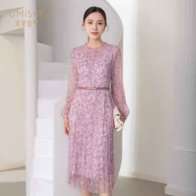 umisky优美世界专柜同款秋复古小圆领网纱印花百褶连衣裙SK3D1028