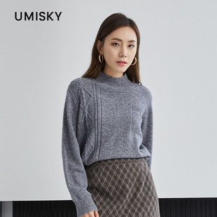 上衣SK4W3225 半高圆领格纹宽松毛衫 umisky优美世界专柜同款 冬季