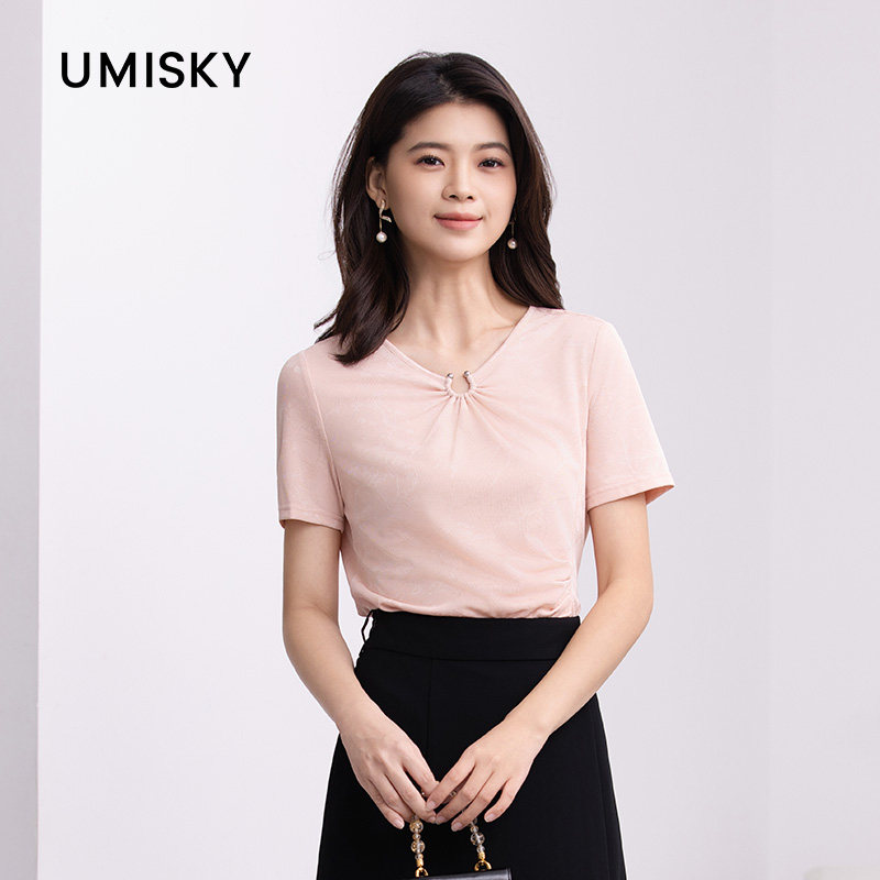 UMISKY优美世界专柜同款夏季纯色显瘦短袖圆领上衣T恤SM2J3201图片
