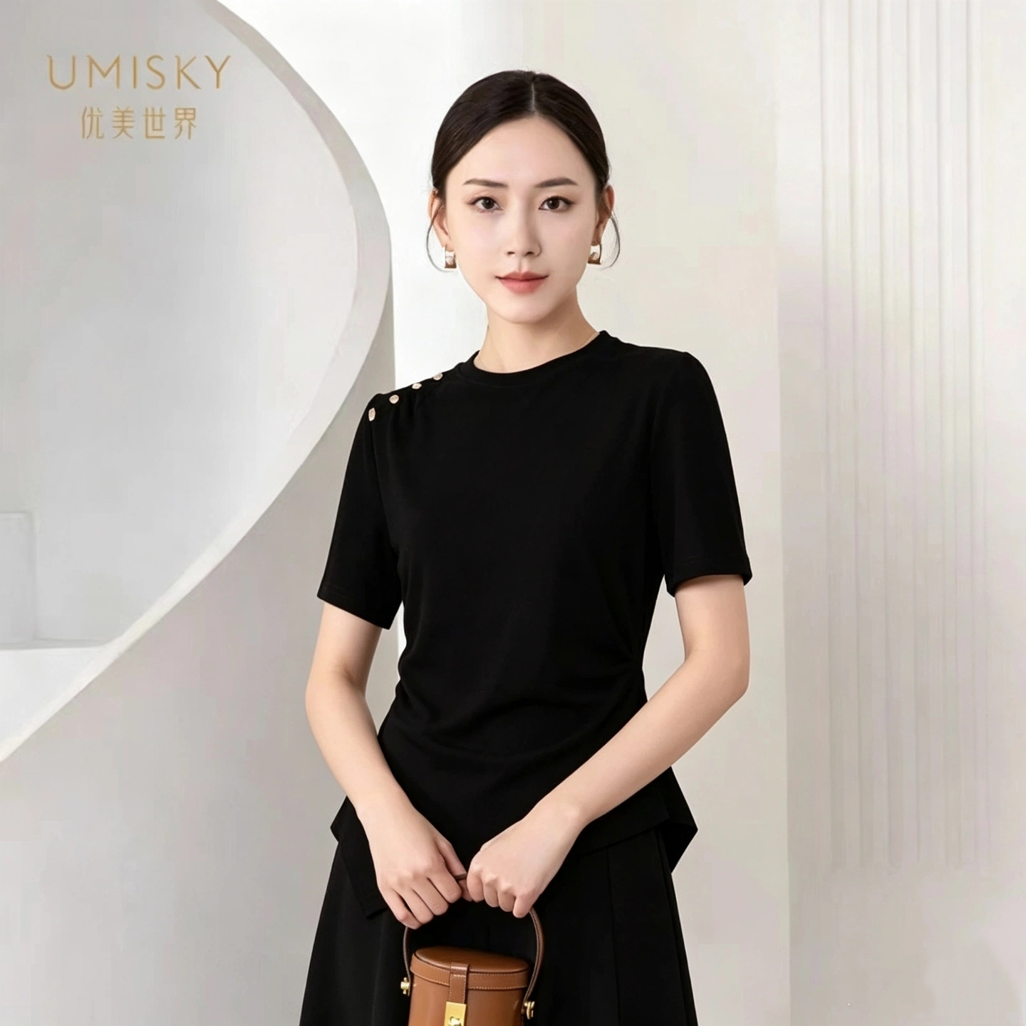 umisky优美世界专柜同款夏季简约百搭圆领醋纤T恤上衣SM2J2839图片