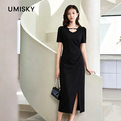 umisky优美世界专柜同款夏季气质通勤a字开叉针织连衣裙SM2D1019