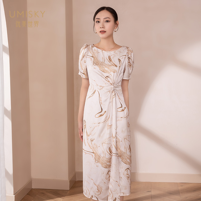 umisky优美世界专柜同款秋季气质修身不规则印花连衣裙SK3D3022