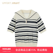 umisky优美世界旗下夏季 上衣LM2W2013 条纹针织衫 新款 海军领时尚