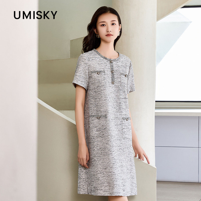 umisky优美世界专柜同款夏季甜美气质圆领直筒T恤连衣裙SM1D3702图片