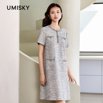 umisky优美世界专柜同款夏季甜美气质圆领直筒T恤连衣裙SM1D3702