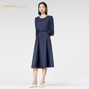 umisky优美世界女装复古通勤圆领a字提花连衣裙FI3D106