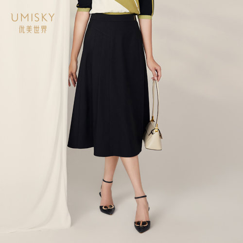 umisky优美世界专柜同款春季优雅复古显瘦中长a字半身裙SK1H1009