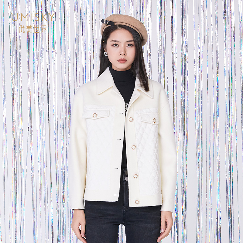 优美世界绵羊毛时尚纯色毛呢外套