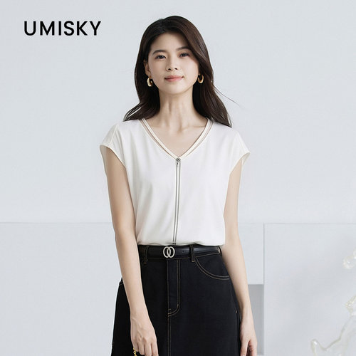 umisky优美世界专柜同款夏季V领无袖套头衬衣上衣SM2G3903