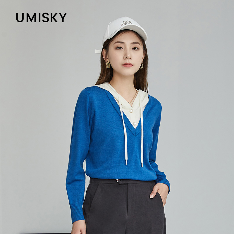 umisky优美世界专柜同款冬季假两件显瘦连帽针织毛衫上衣SK4W3215