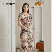 优美世界旗下女装 V领印花连衣裙LM2D2052