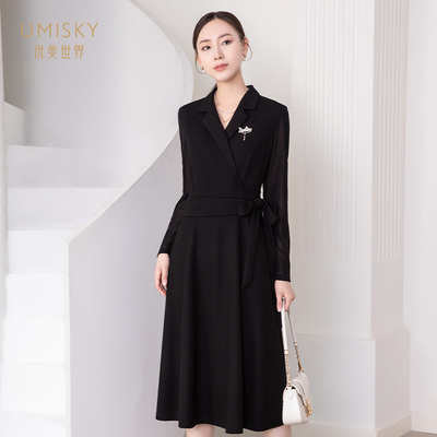 umisky优美世界专柜同款秋冬季气质优雅针织西装式连衣裙SK3D1026
