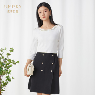 针织拼接开叉连衣裙VI1A2004 七分袖 清仓 umisky优美世界女装