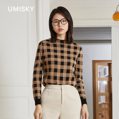 umisky优美世界专柜同款冬季复古撞色半高领格纹针织毛衫SK4W3224