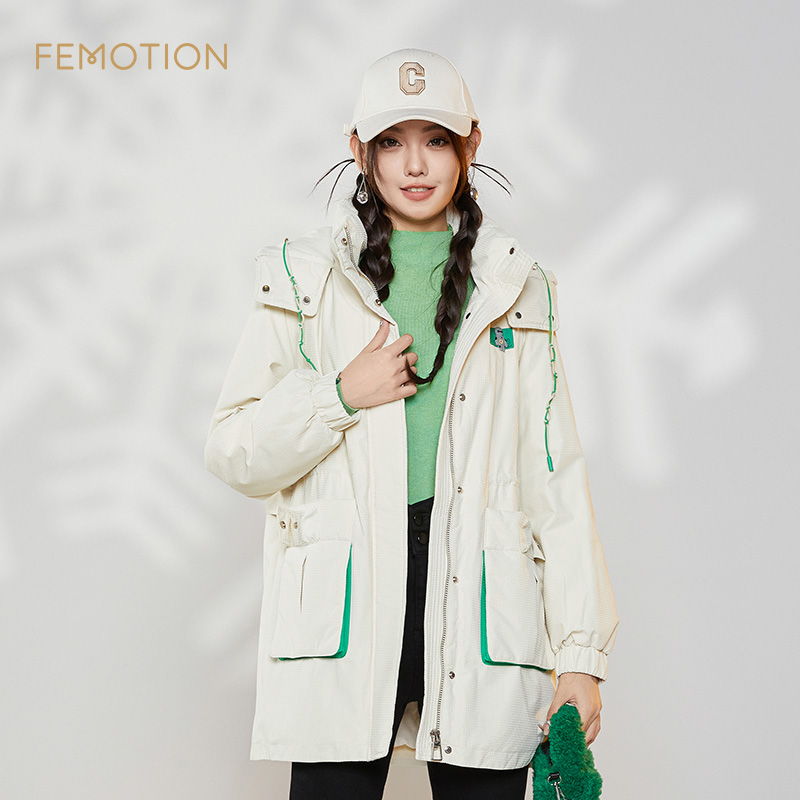 芬岸女装中长连帽工装风羽绒服