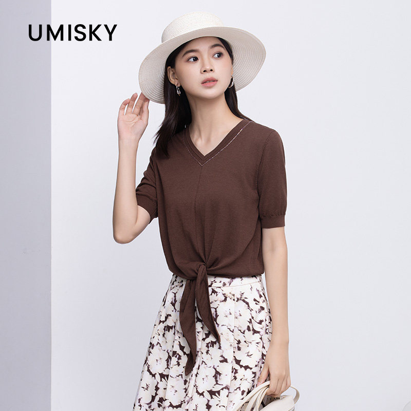 umisky优美世界专柜同款夏季V领绑带短袖休闲T恤套头上衣SM2W2858图片