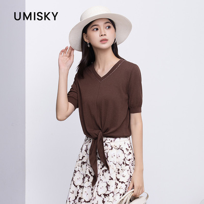 umisky优美世界专柜同款夏季V领绑带短袖休闲T恤套头上衣SM2W2858