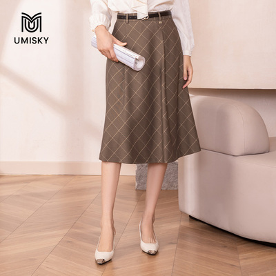 umisky优美世界专柜同款秋季复古中长格子a字半裙SK3H2016