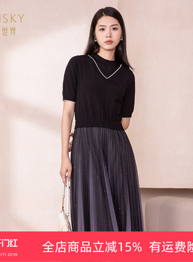 umisky优美世界专柜同款秋季优雅针织拼接波点压褶连衣裙SK3D1029