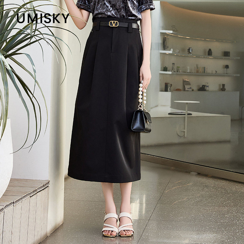 umisky优美世界专柜同款夏季小帆船设计感黑色百褶半裙SM1H1001图片