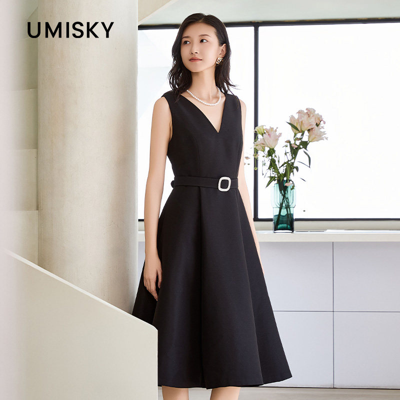 umisky优美世界专柜同款夏季法式淑女气质V领无袖连衣裙SM1L1002图片
