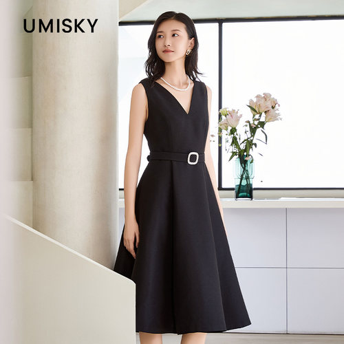 umisky优美世界专柜同款夏季法式淑女气质V领无袖连衣裙SM1L1002