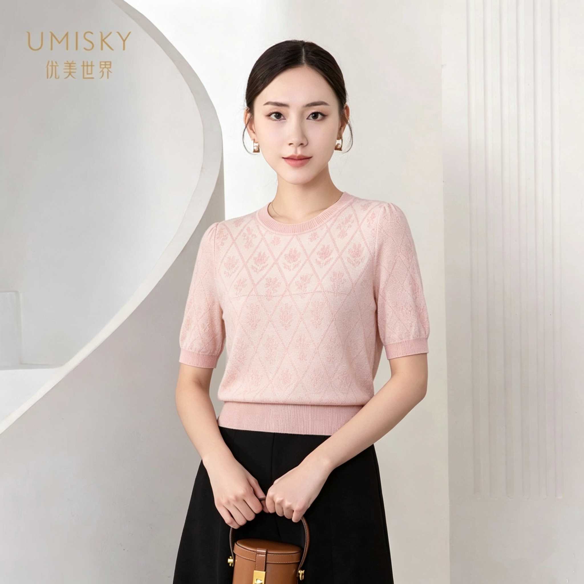 umisky优美世界专柜同款夏季格子印花针织圆领上衣XM2W3210图片