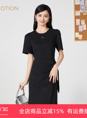 旗下芬岸女装商场同款夏季优雅黑色圆领不规则a字连衣裙XK2D1056